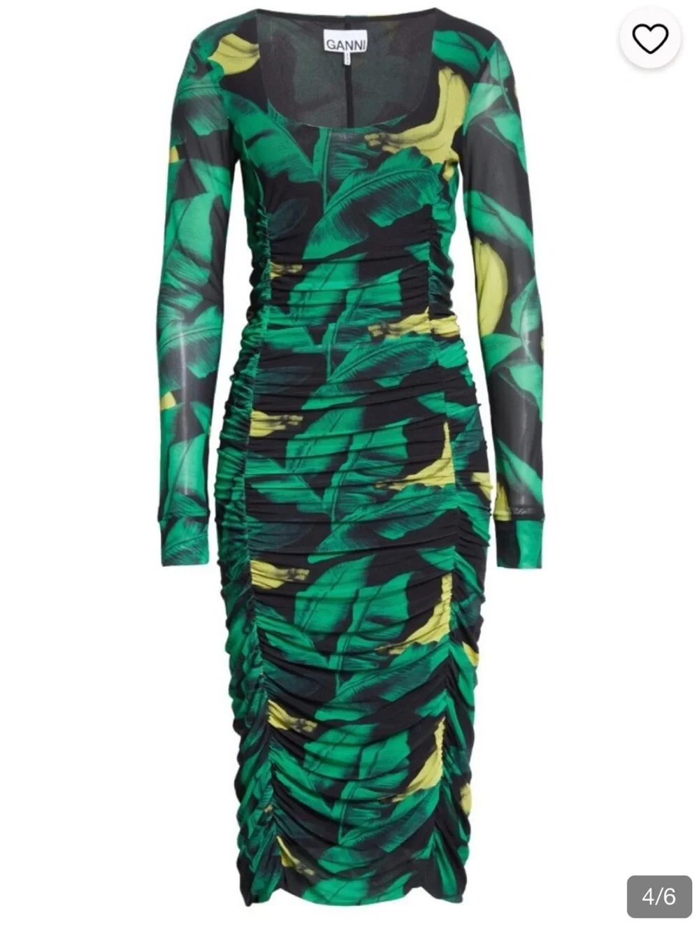 Ganni Tulle Ruched Gathered Bodycon Midi Dress Green Floral Print